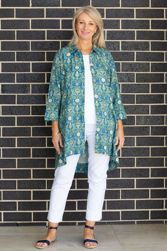 Hi-Lo hem Cotton blend "William Morris" print longline Shirt/Jacket with Pockets #3996 - Blue