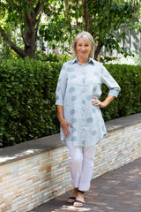 #3667 - Blue Spot stripe print long line over shirt with pockets