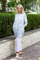 #3667 - Blue Spot stripe print long line over shirt with pockets