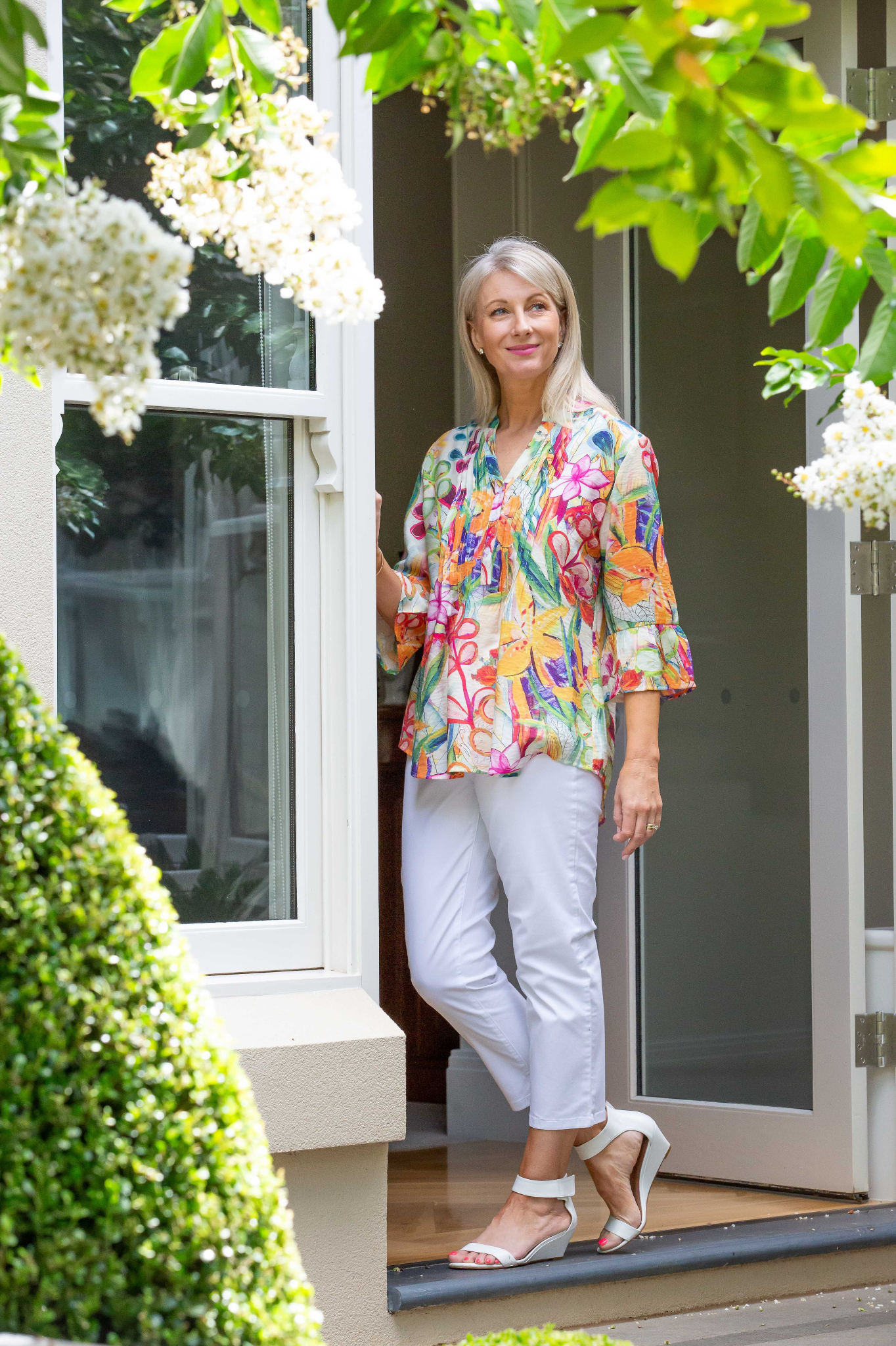 Painterly Floral print pintuck front 3/4 sleeve shirt #3778 - Multi