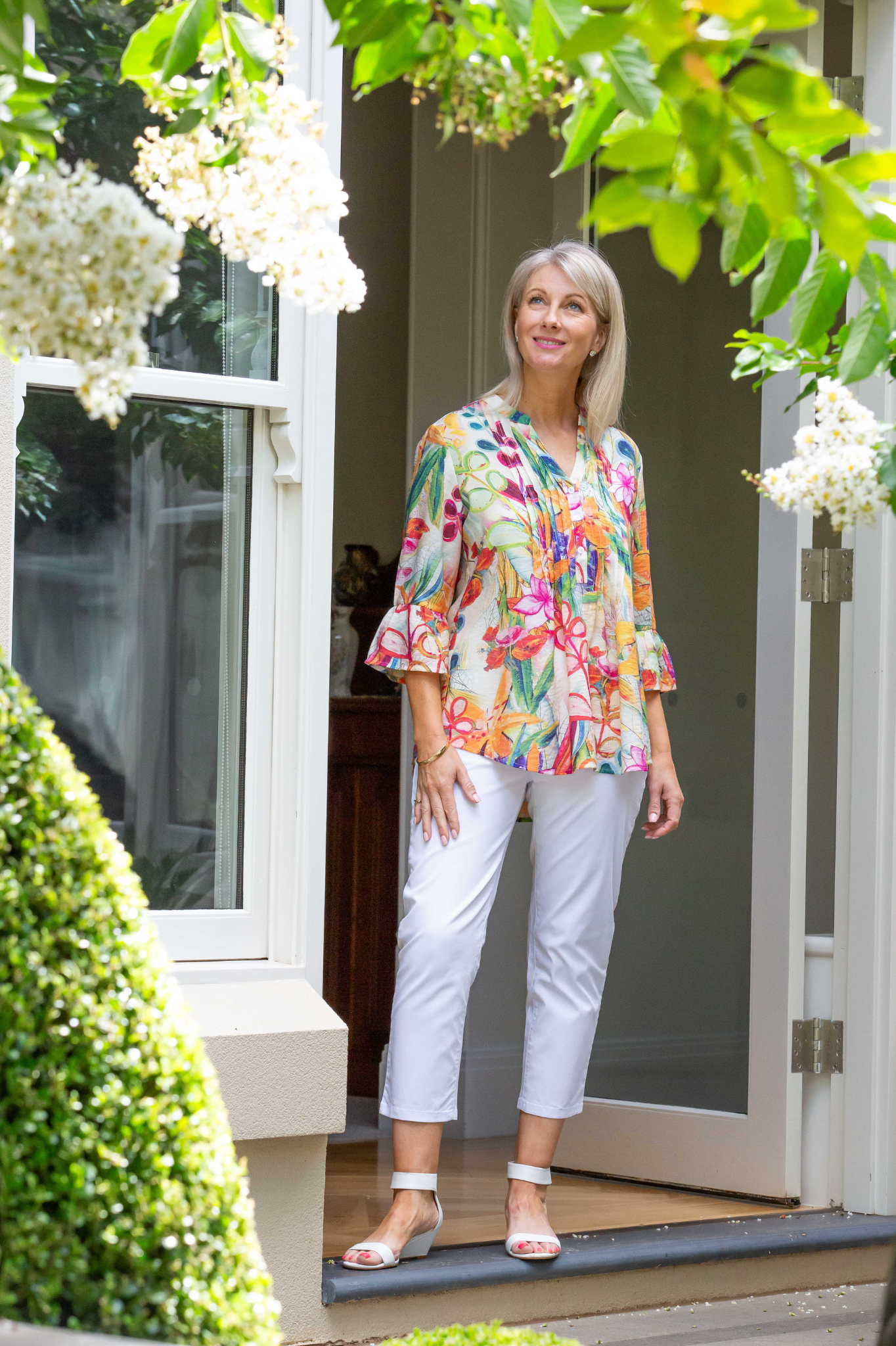 Painterly Floral print pintuck front 3/4 sleeve shirt #3778 - Multi