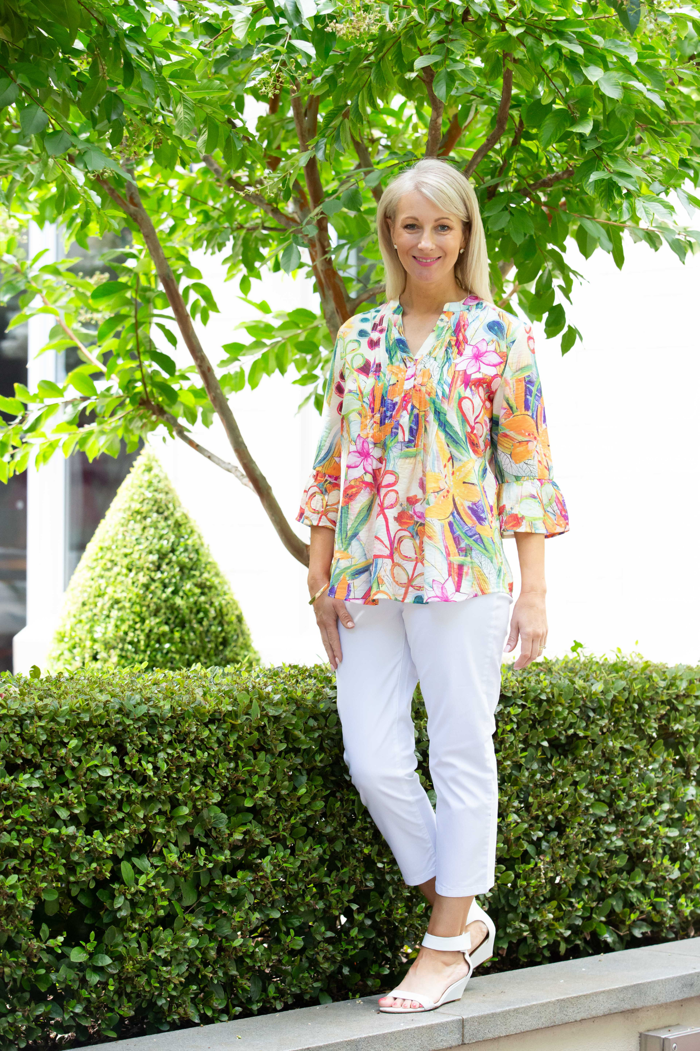 Painterly Floral print pintuck front 3/4 sleeve shirt #3778 - Multi