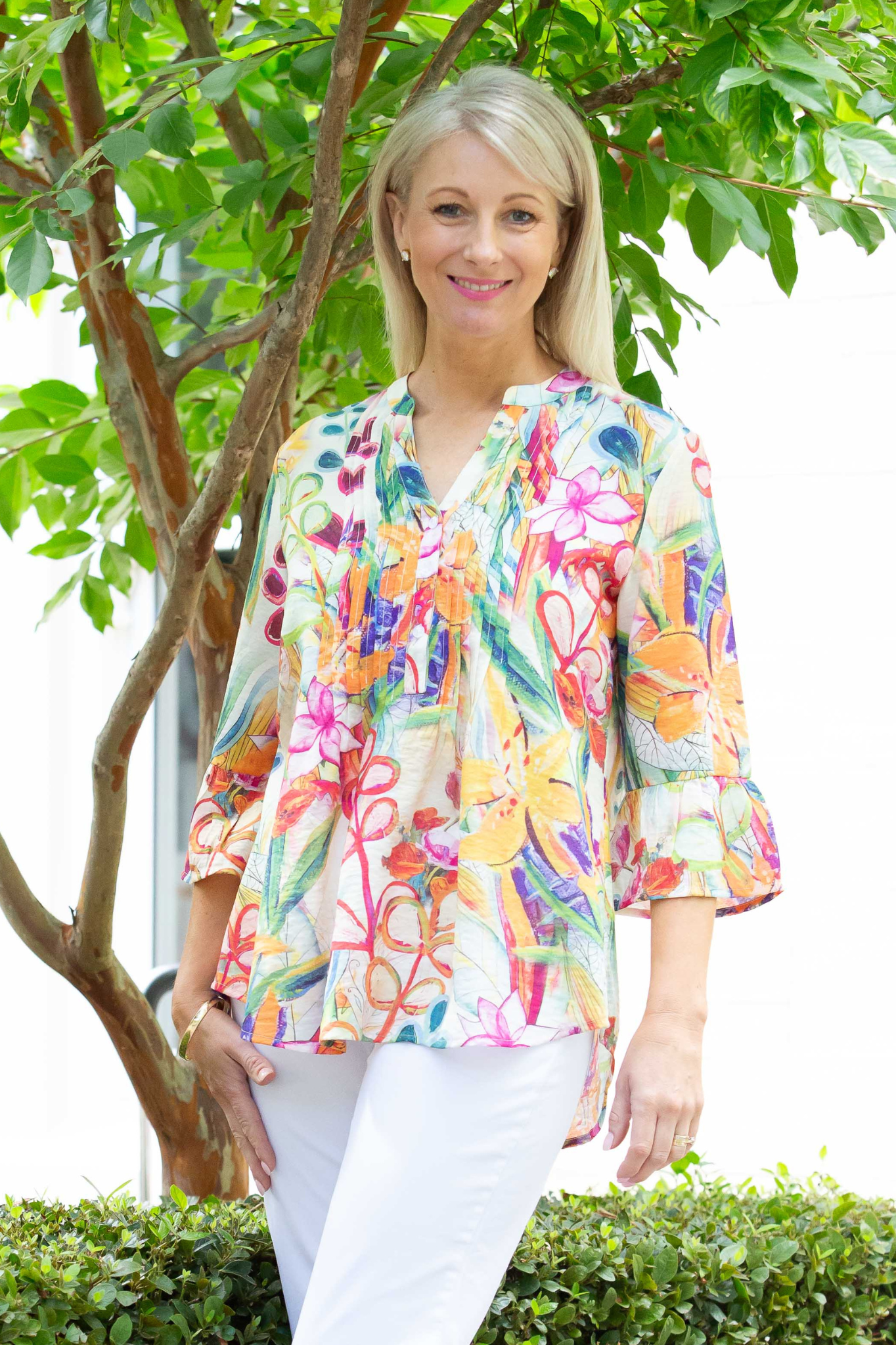 Painterly Floral print pintuck front 3/4 sleeve shirt #3778 - Multi