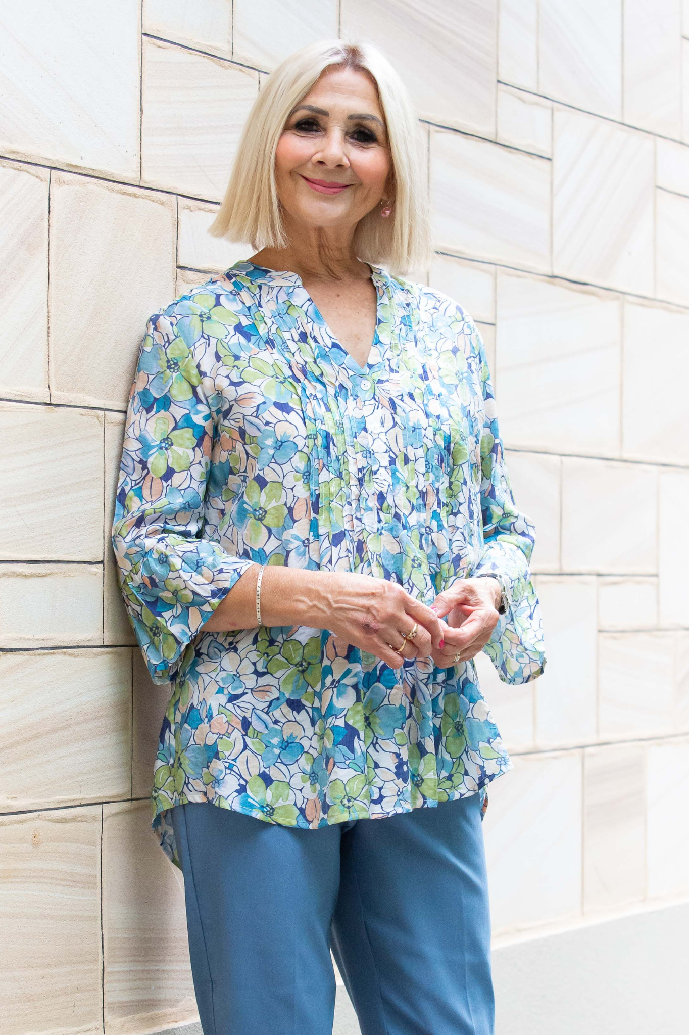 Painterly Floral print pintuck front 3/4 sleeve shirt #3778 - Multi