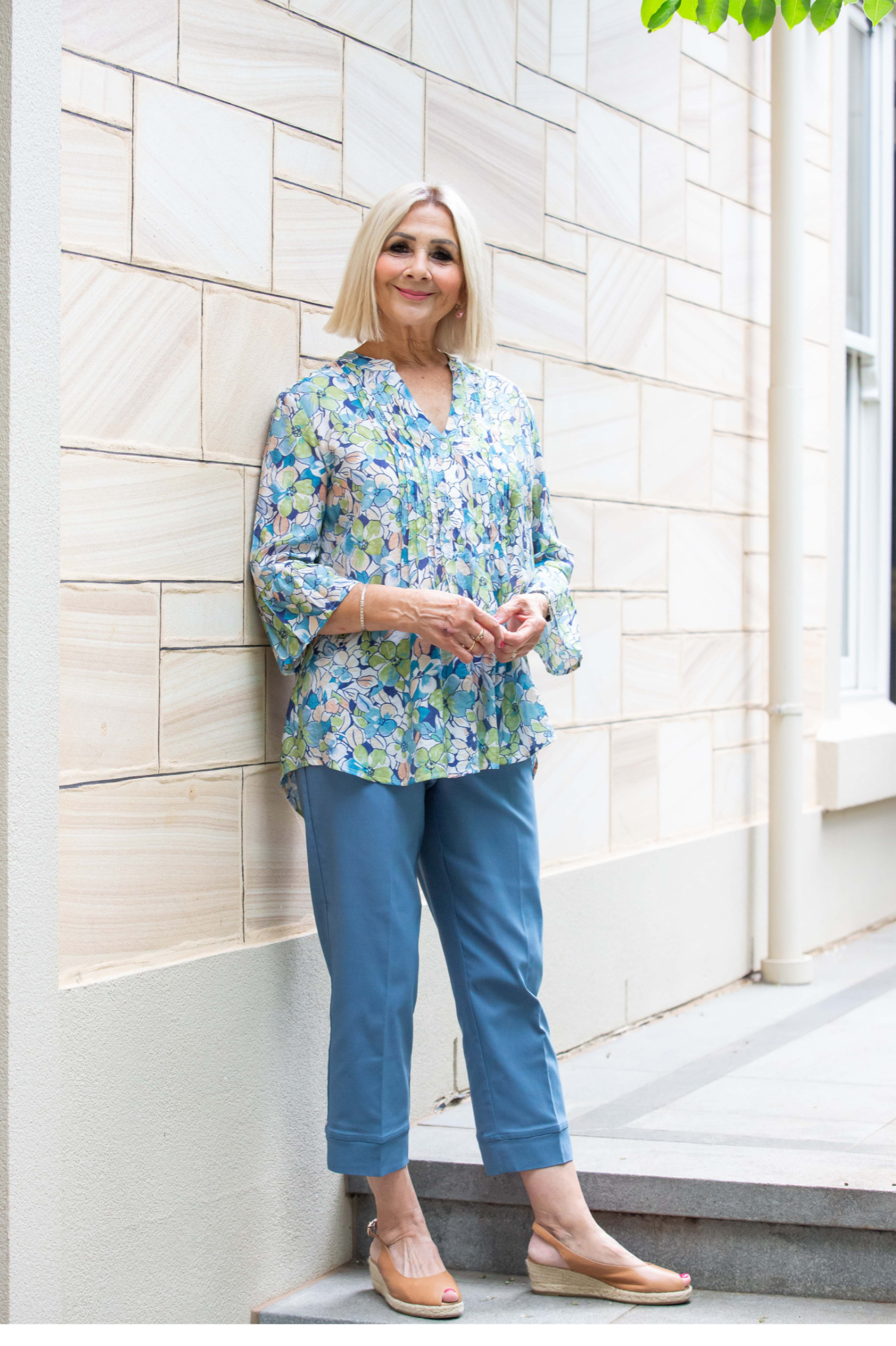 Blue Floral print pintuck front 3/4 sleeve shirt #3778 - Blue