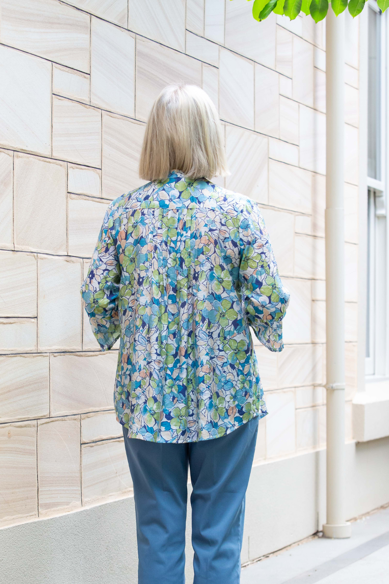 Blue Floral print pintuck front 3/4 sleeve shirt #3778 - Blue