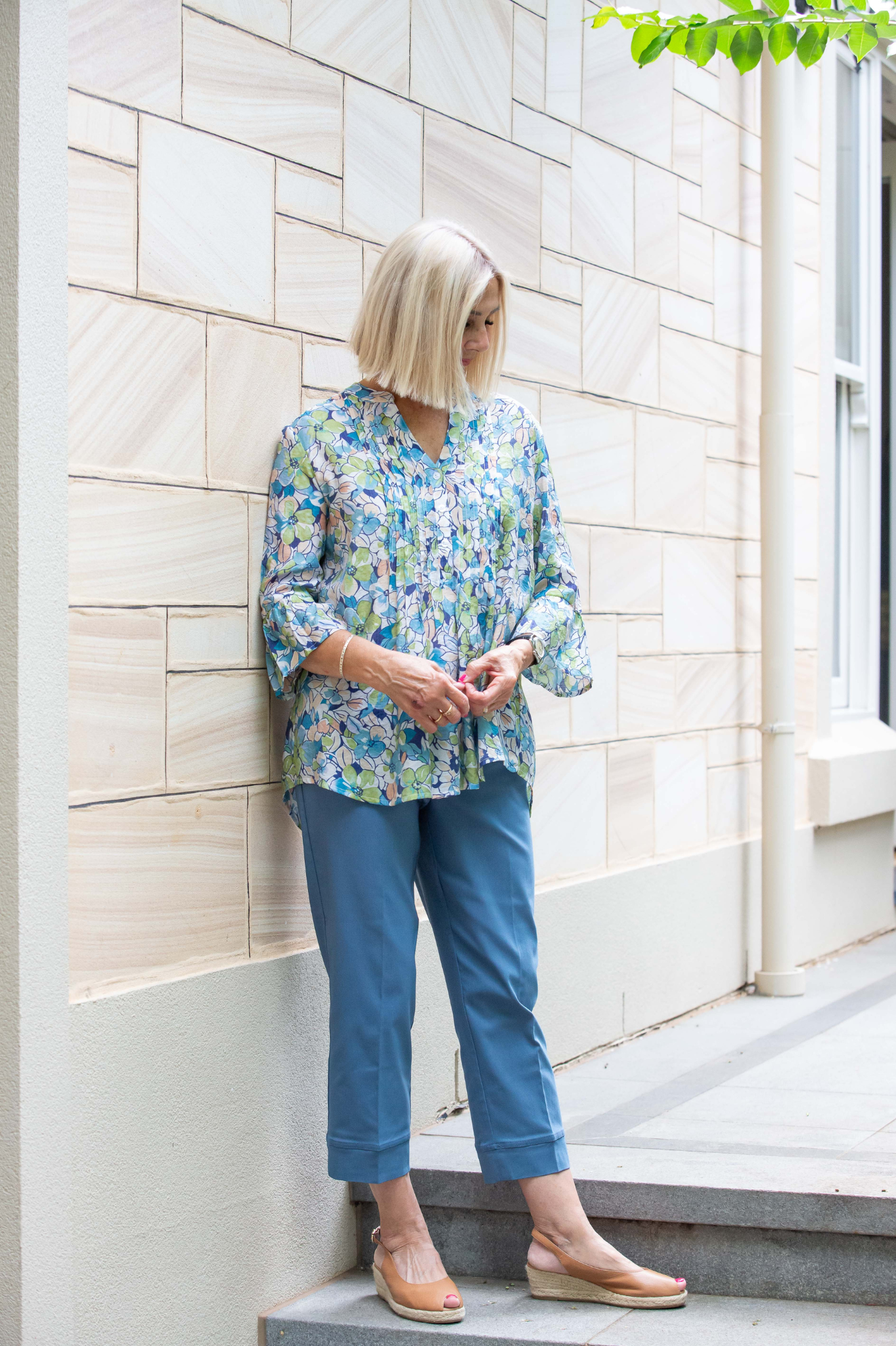 Blue Floral print pintuck front 3/4 sleeve shirt #3778 - Blue