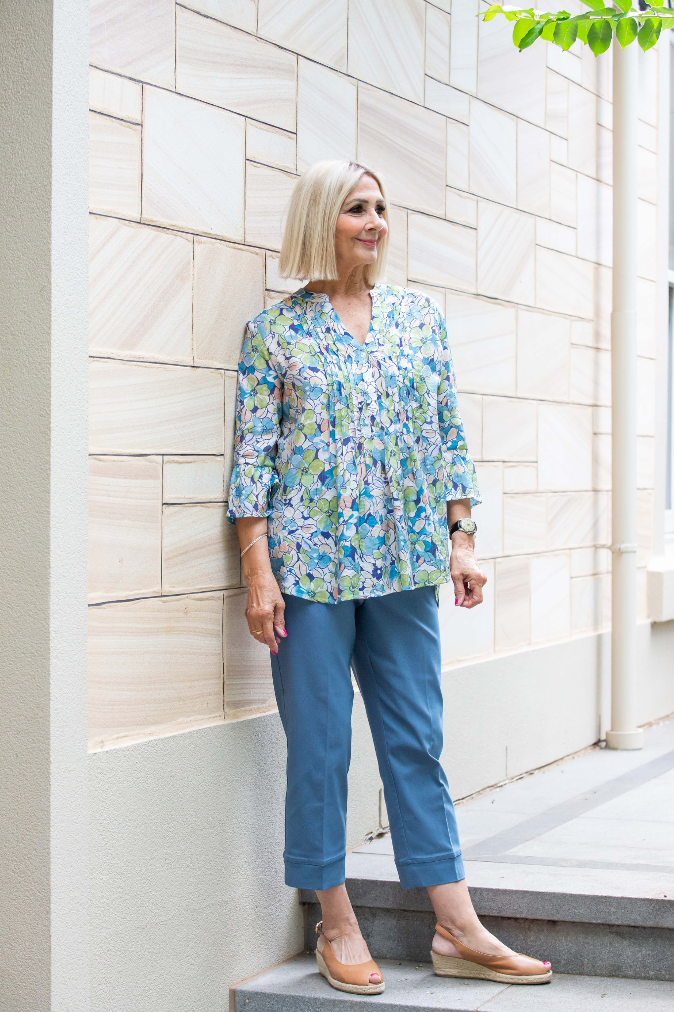 Blue Floral print pintuck front 3/4 sleeve shirt #3778 - Blue