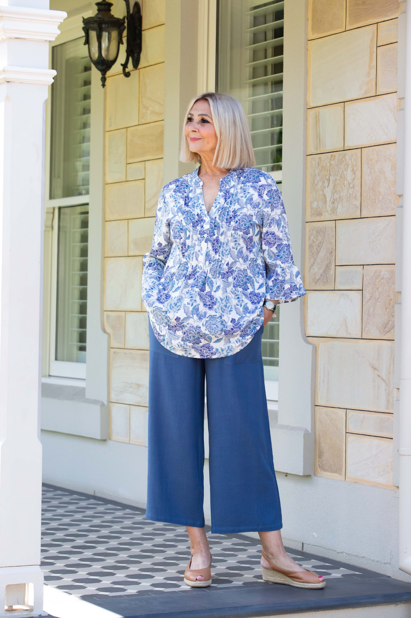 Blue Floral print pintuck front 3/4 sleeve shirt #3812 - Blue