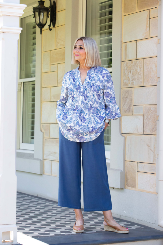 Blue Floral print  pintuck front 3/4 sleeve shirt #3812 - Blue