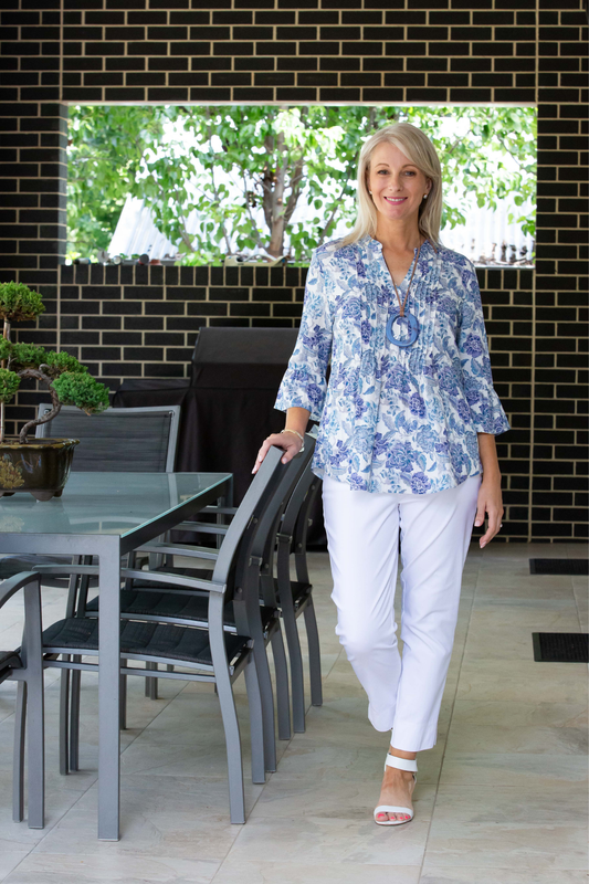 Blue Floral print  pintuck front 3/4 sleeve shirt #3812 - Blue