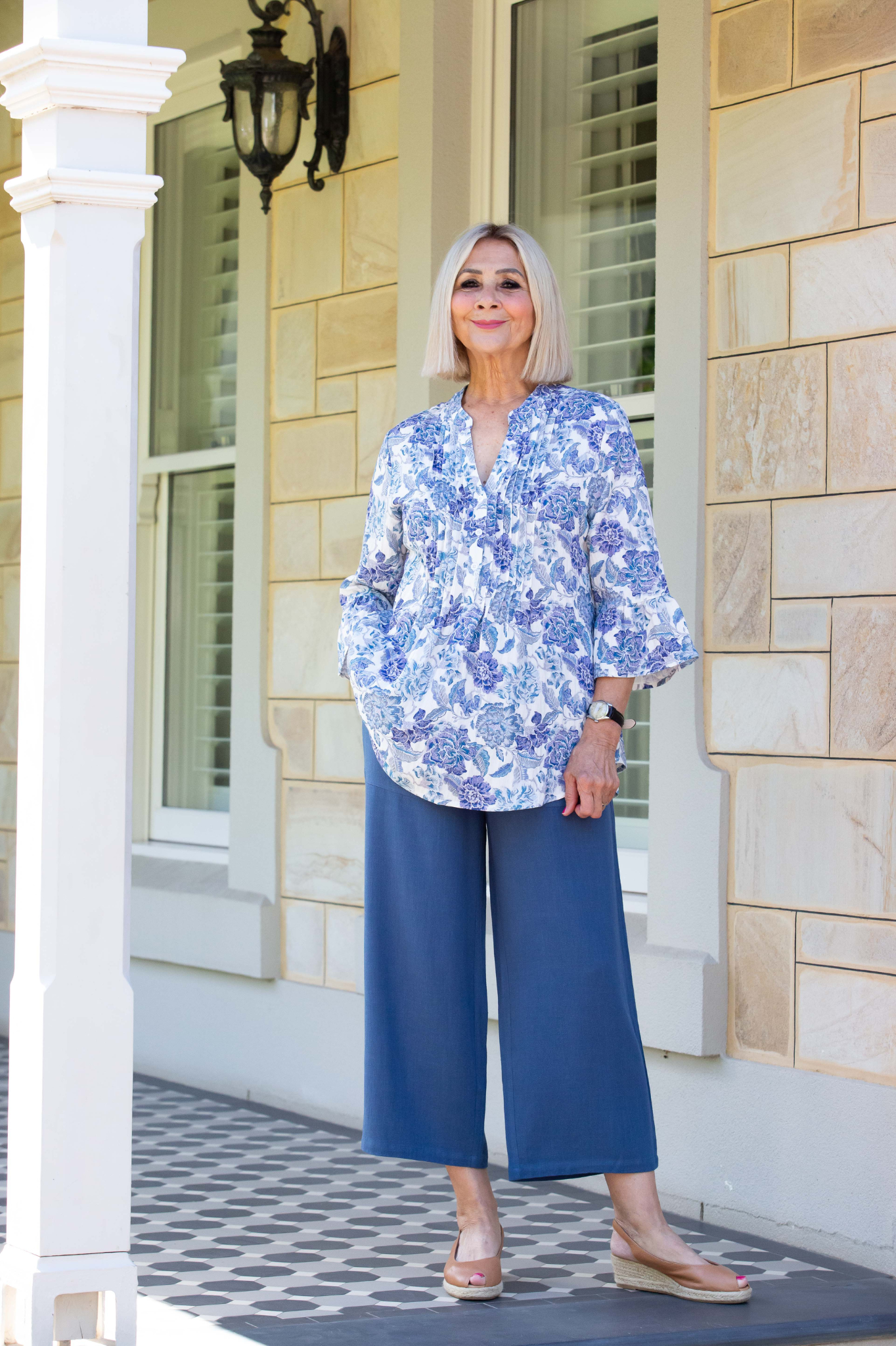 Blue Floral print pintuck front 3/4 sleeve shirt #3812 - Blue