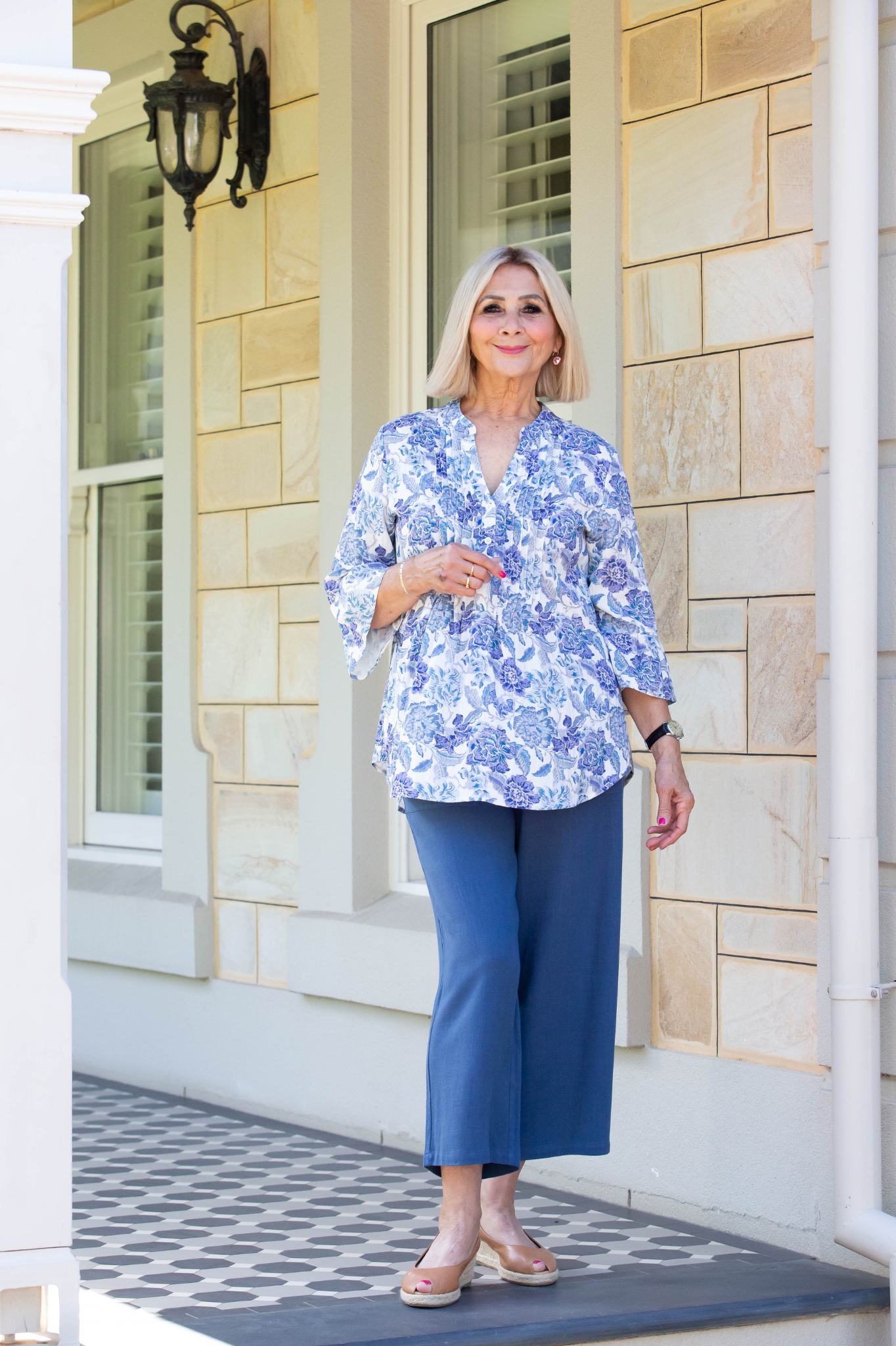 Blue Floral print pintuck front 3/4 sleeve shirt #3812 - Blue