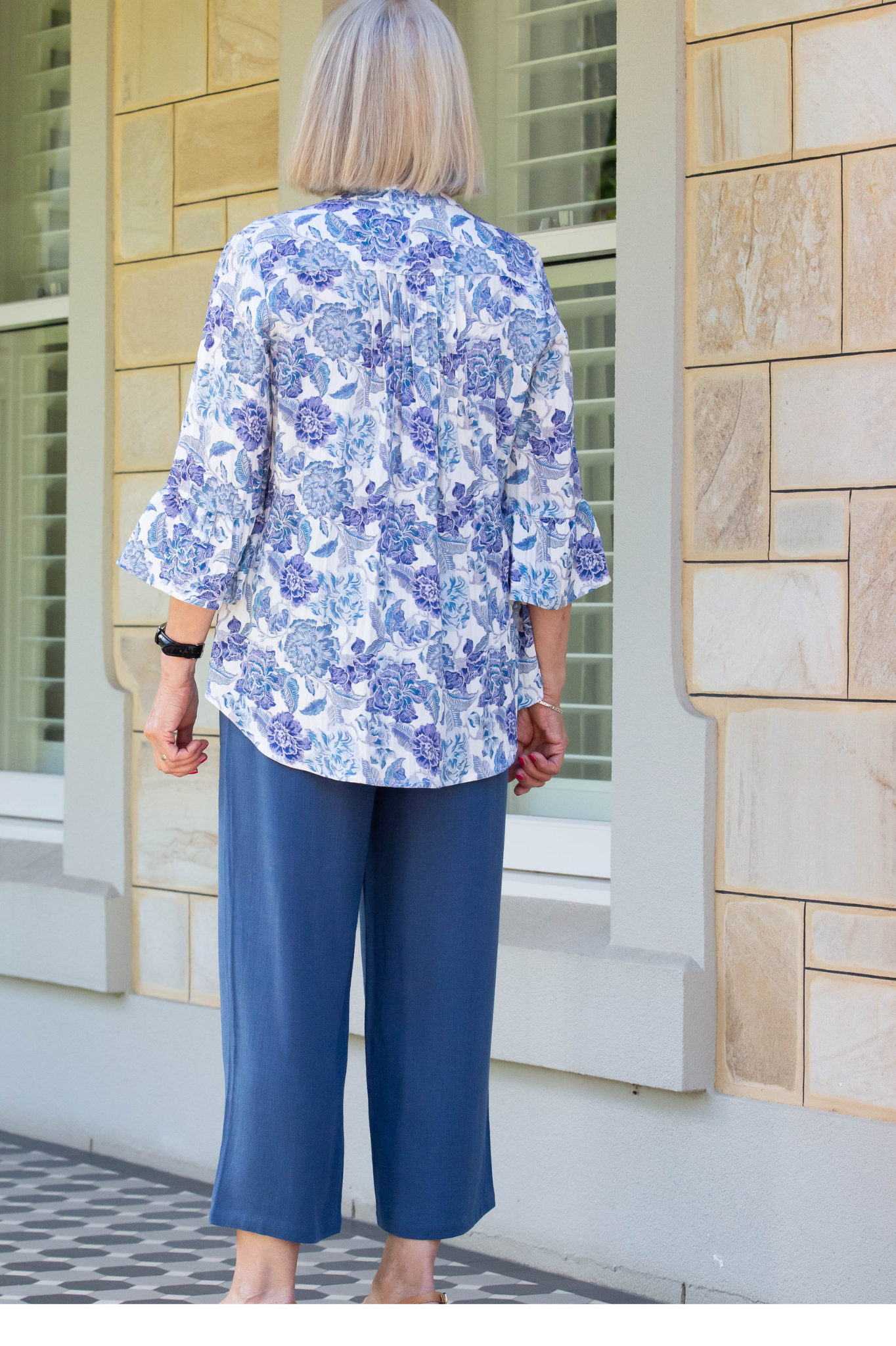 Pink Rose Floral print pintuck front 3/4 sleeve shirt #3812 - Pink