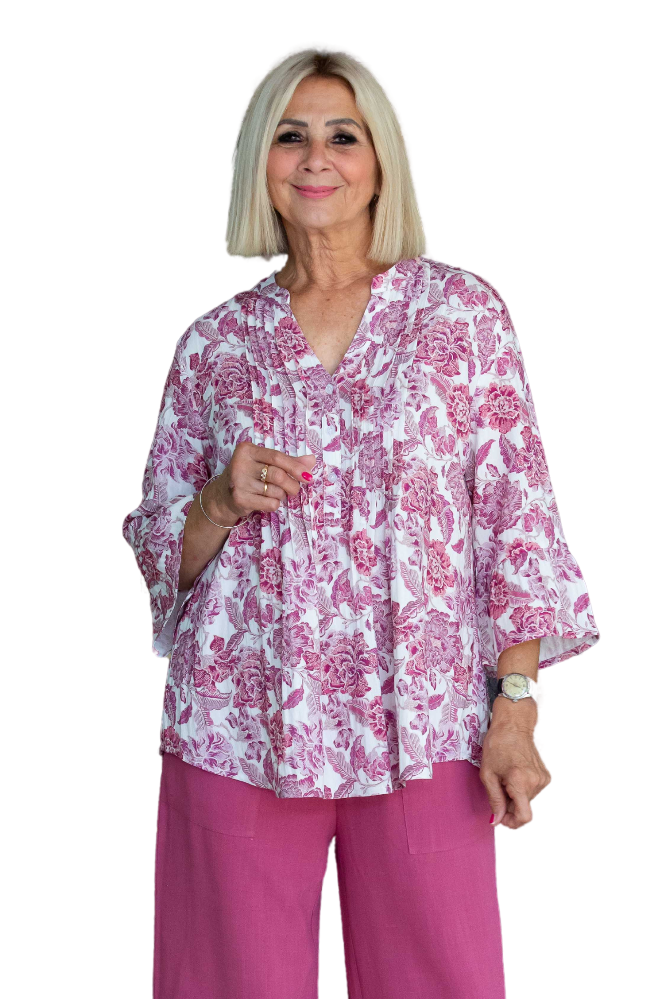Pink Rose Floral print pintuck front 3/4 sleeve shirt #3812 - Pink