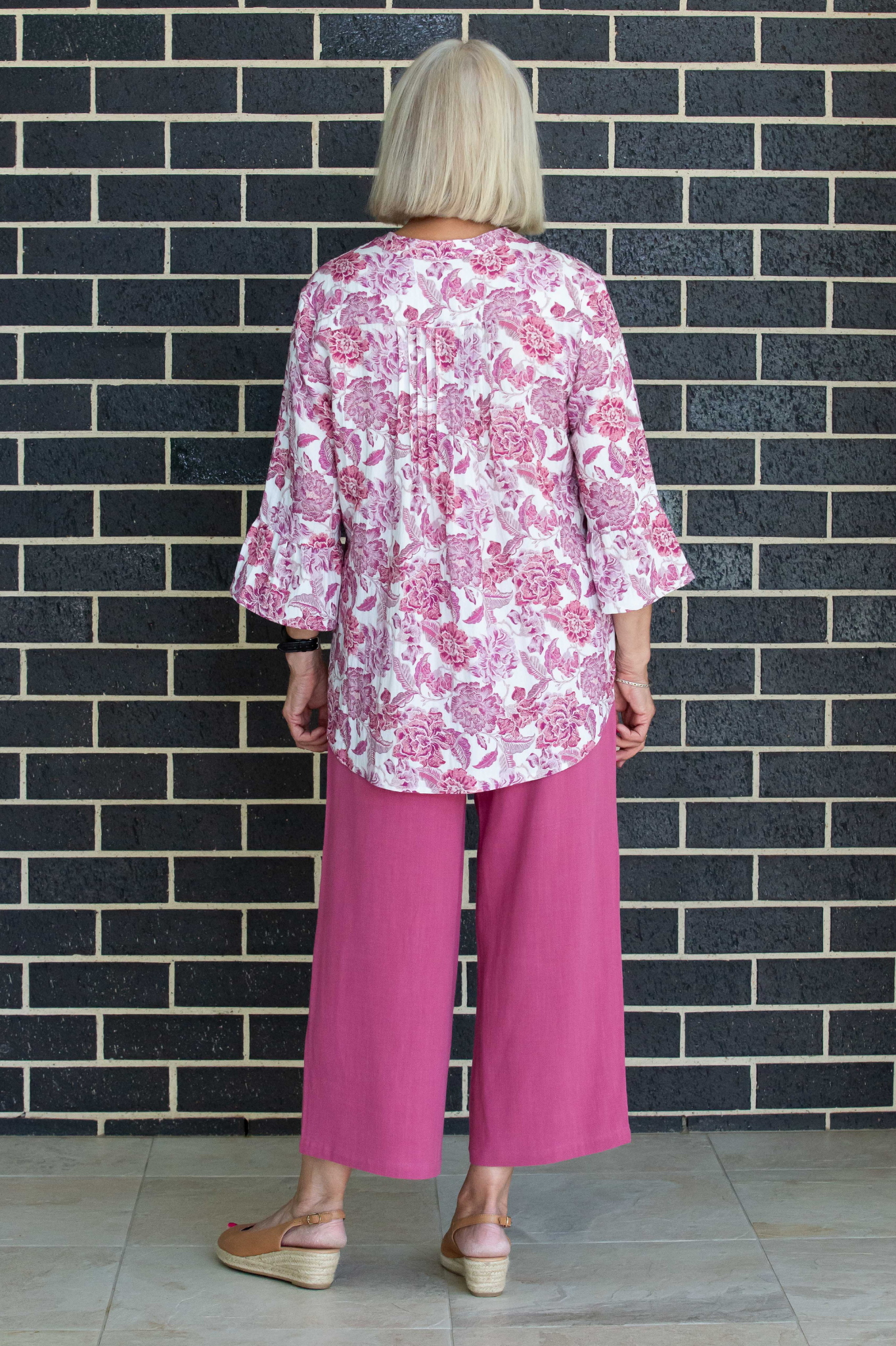 Pink Rose Floral print pintuck front 3/4 sleeve shirt #3812 - Pink
