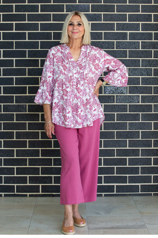 Pink Rose Floral print pintuck front 3/4 sleeve shirt #3812 - Pink