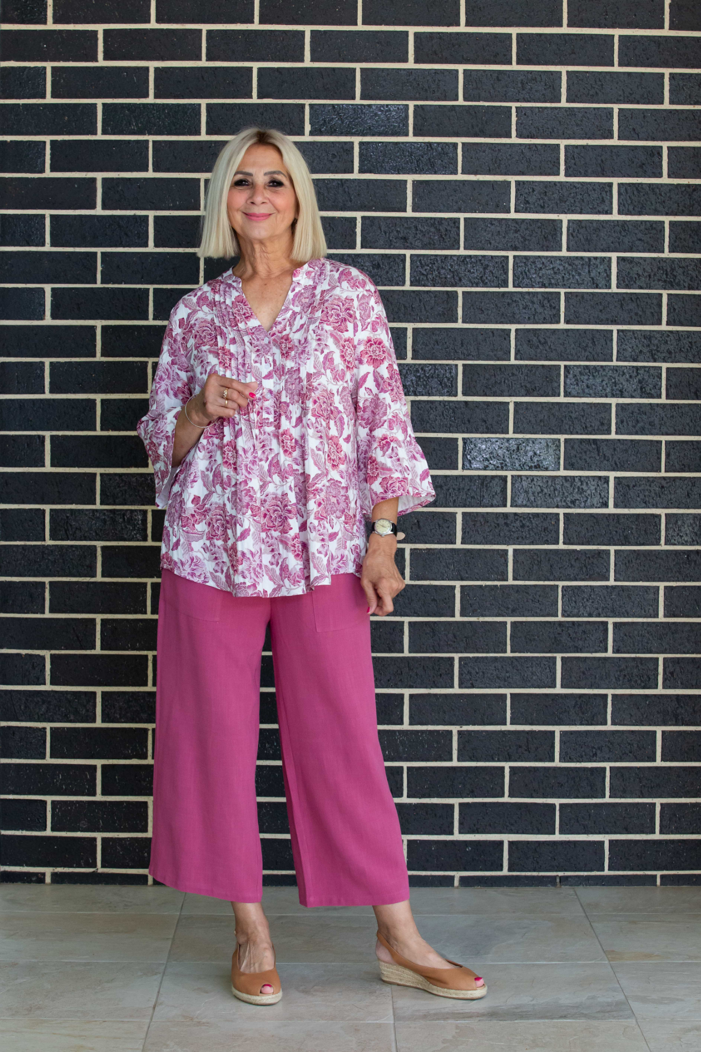 Pink Rose Floral print pintuck front 3/4 sleeve shirt #3812 - Pink
