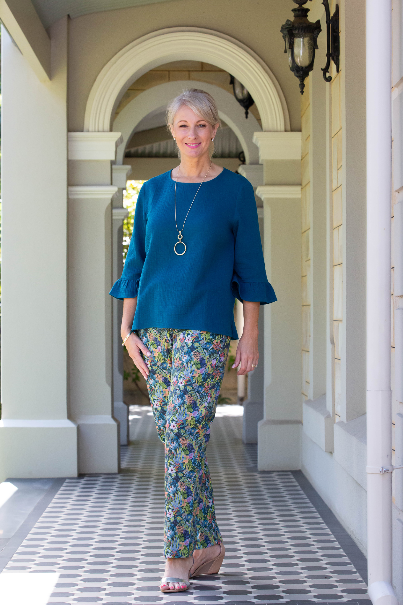 Blue Leaf Print Pull-on style straight leg pants #6373 Blue Leaf