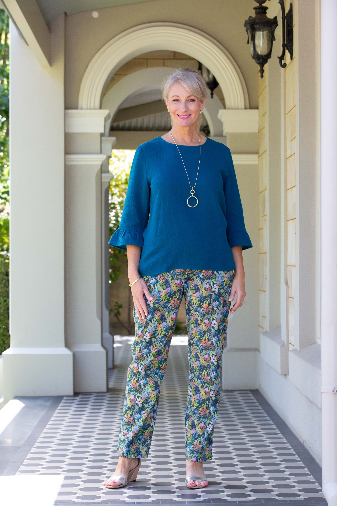 Blue Leaf Print Pull-on style straight leg pants #6373 Blue Leaf