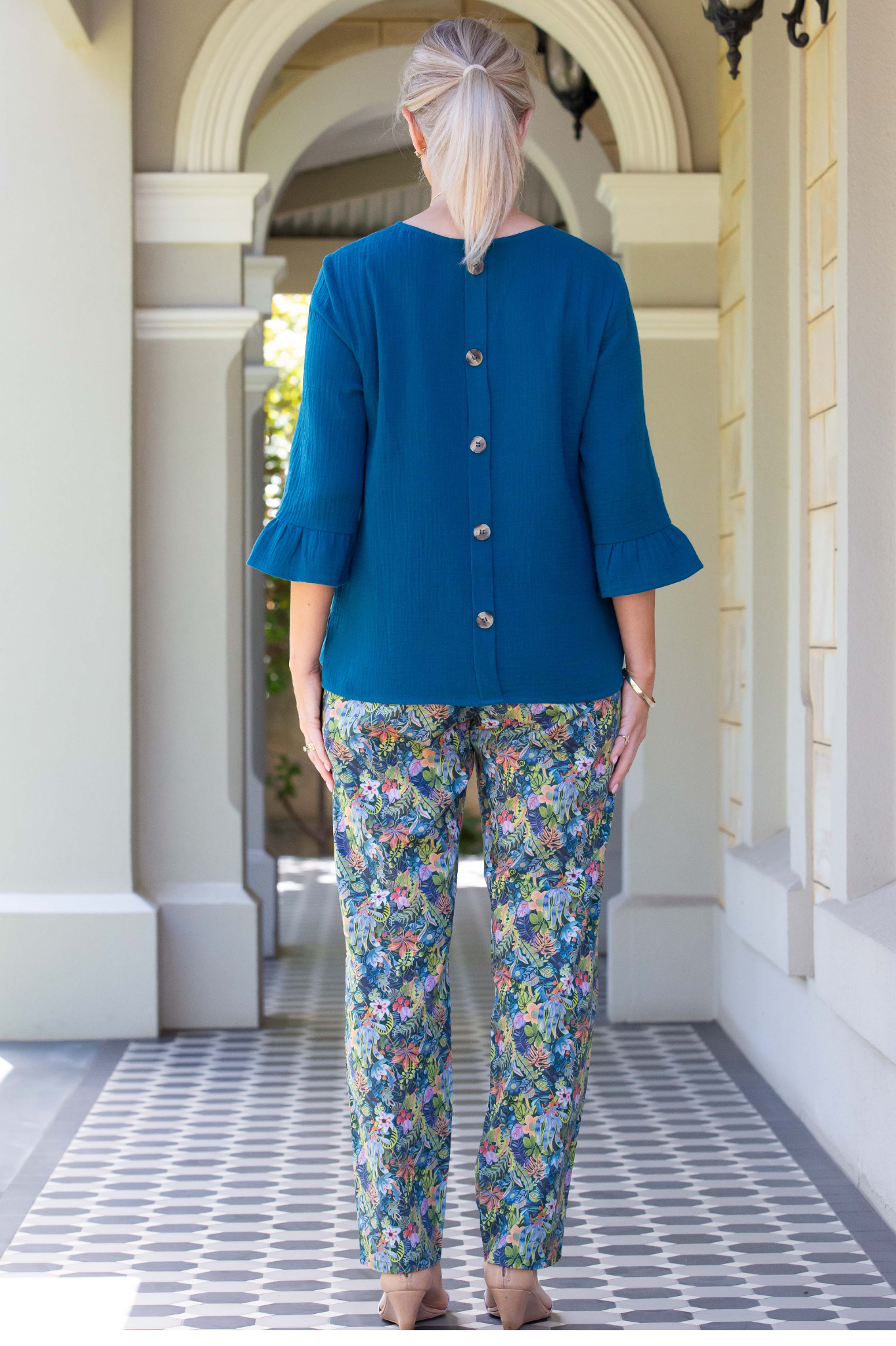 Blue Leaf Print Pull-on style straight leg pants #6373 Blue Leaf