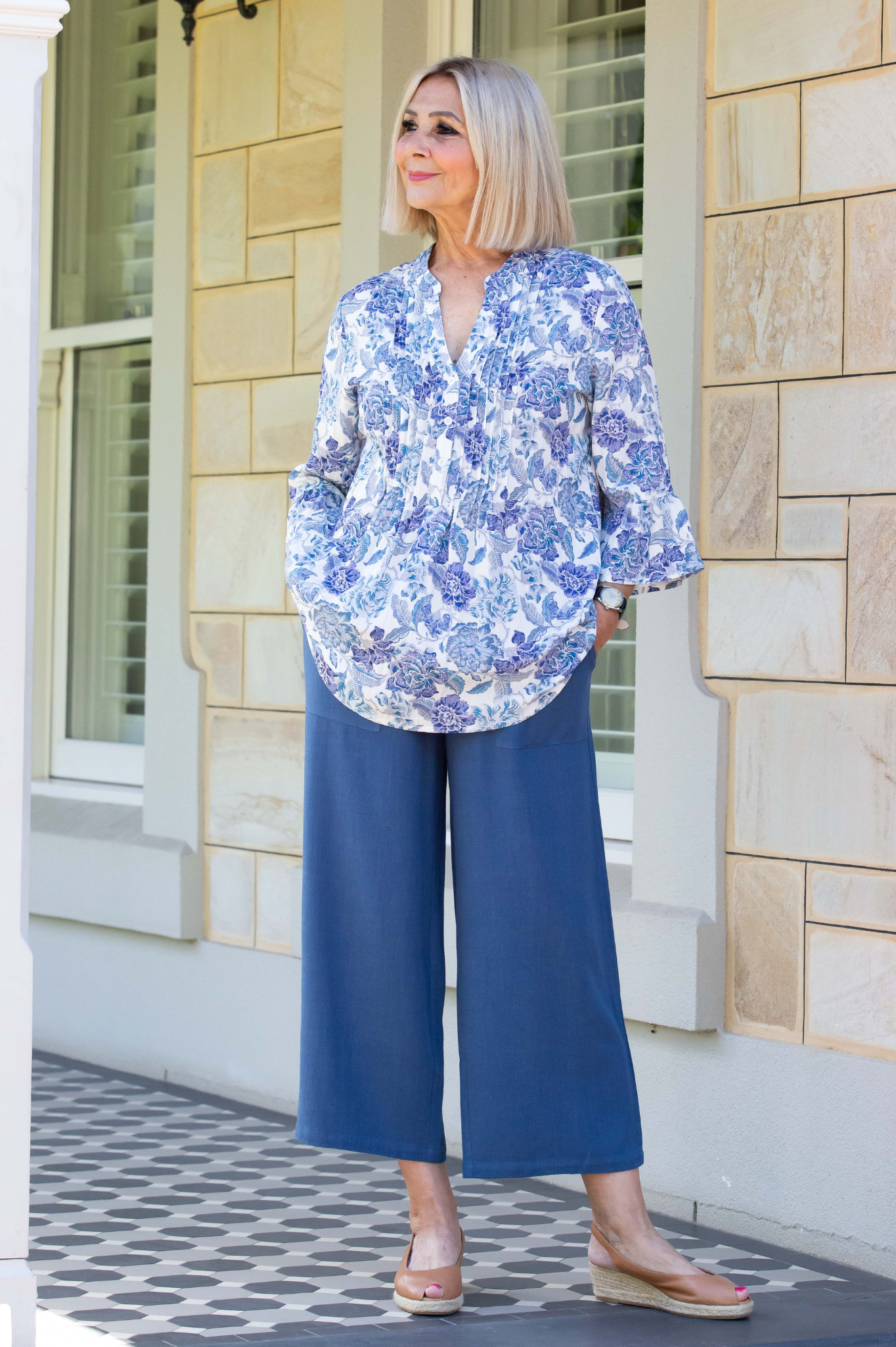 Linen Blend 3/4 Length Pant with Pockets #6678 - Blue