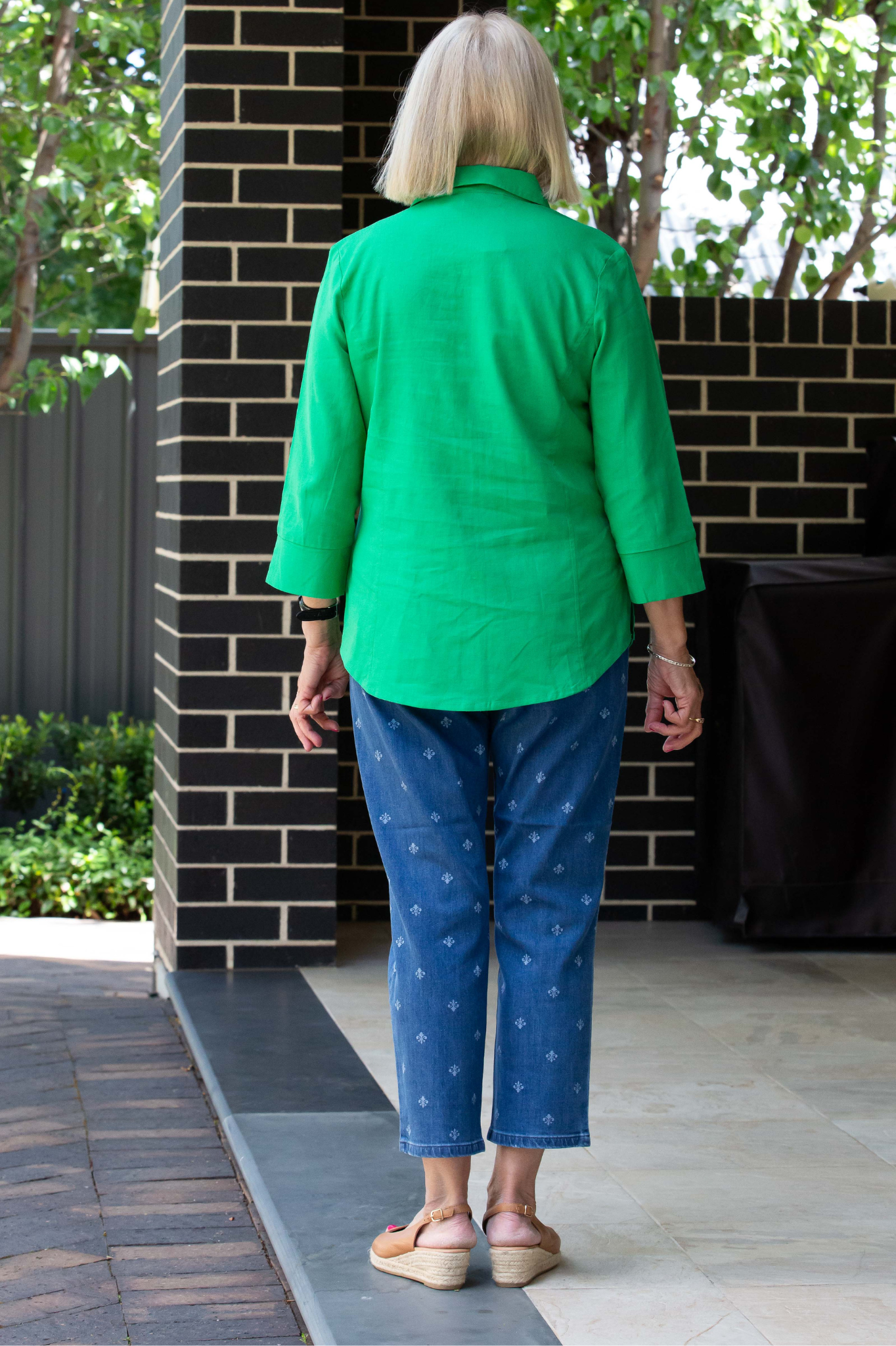 Fleur De Lys all-over Printed 3/4 length flat elastic waist pants with patch pockets on back #6888 Stonewash