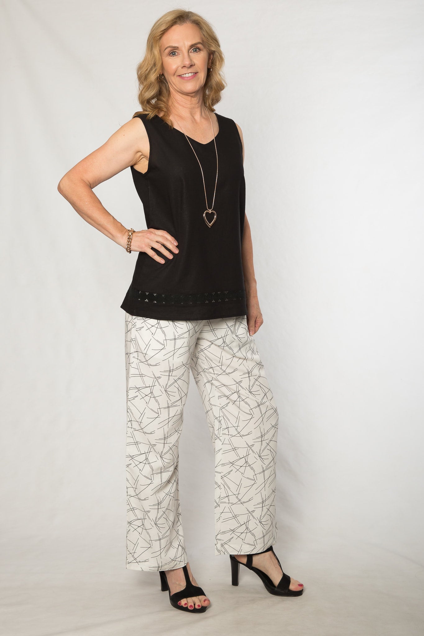 Linen viscose lace trim v-neck top #295 Black