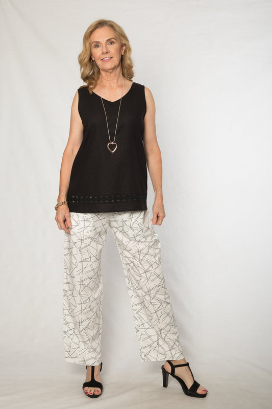 Linen viscose lace trim v-neck top #295 Black