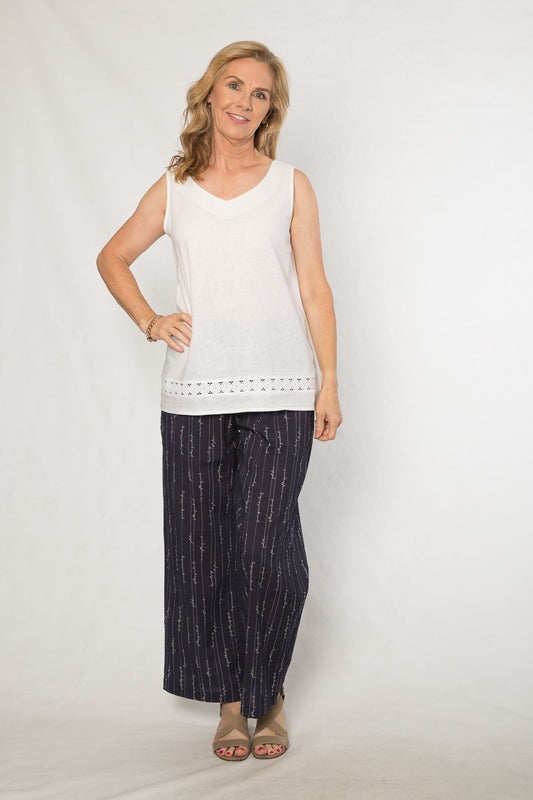 Linen viscose lace trim v-neck top #295 White