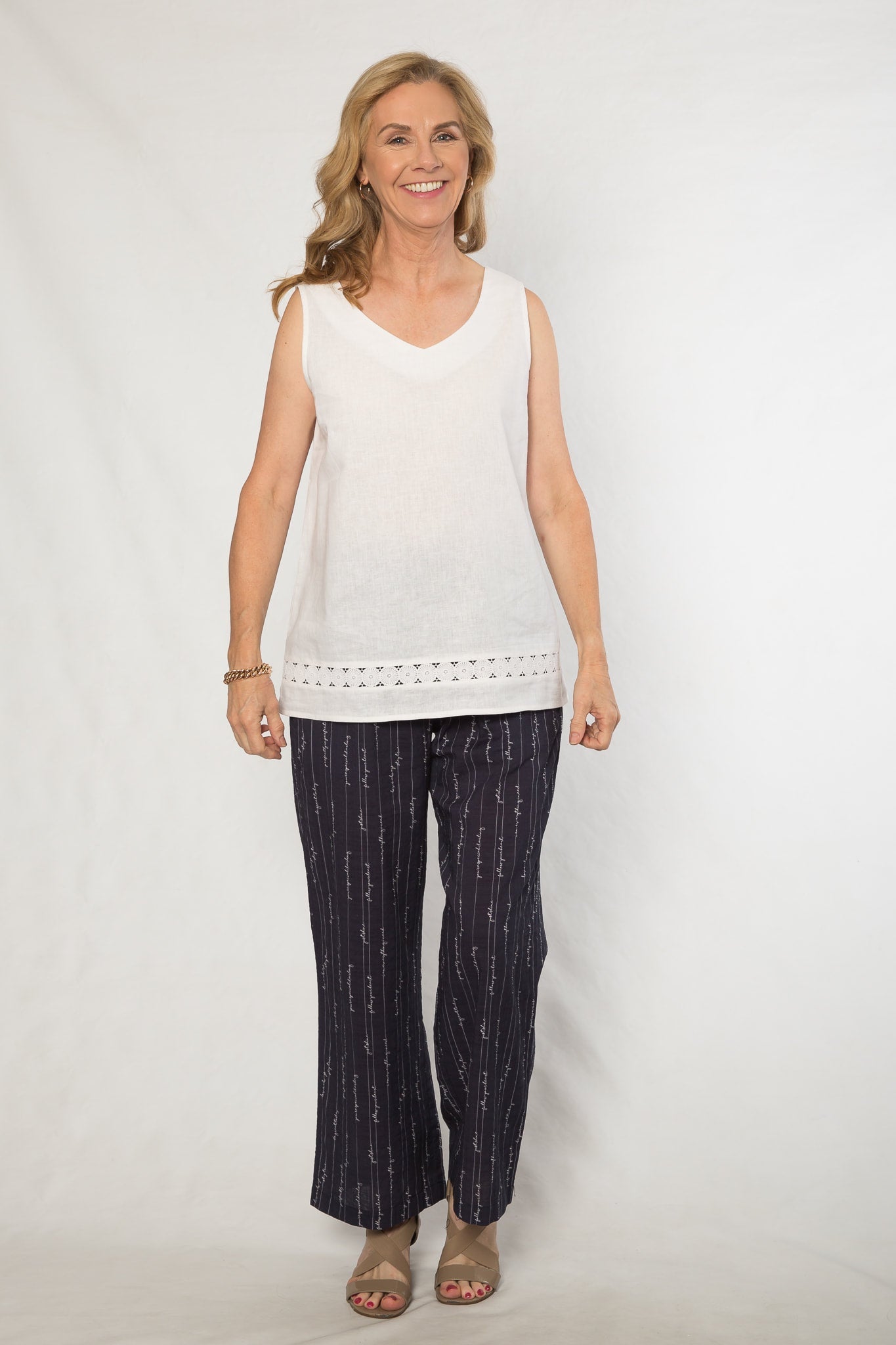 Linen viscose lace trim v-neck top #295 White
