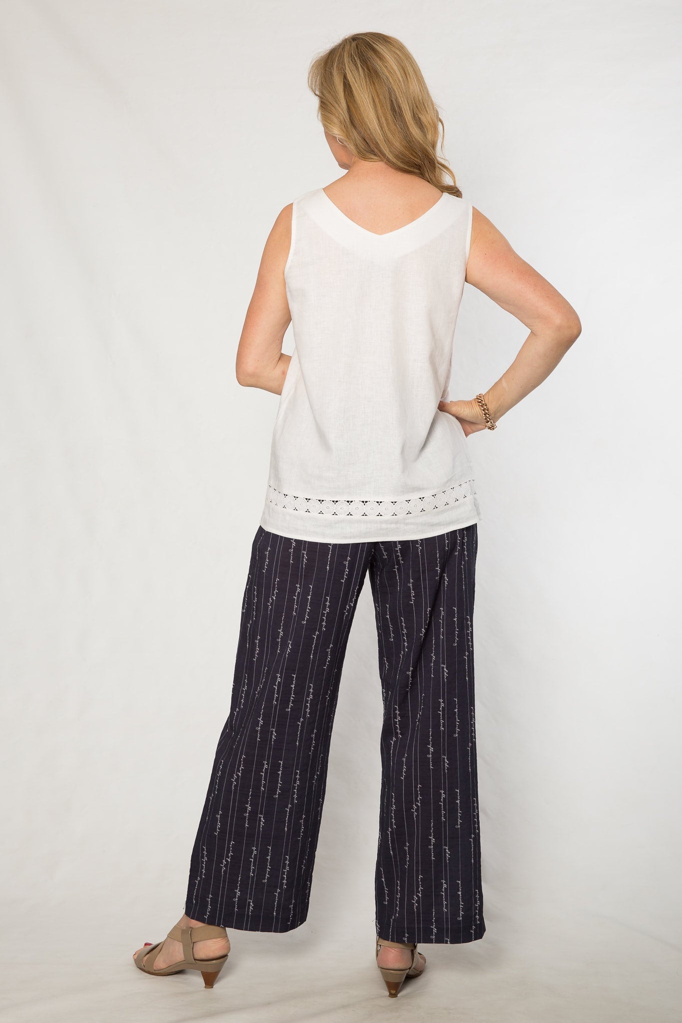 Linen viscose lace trim v-neck top #295 White