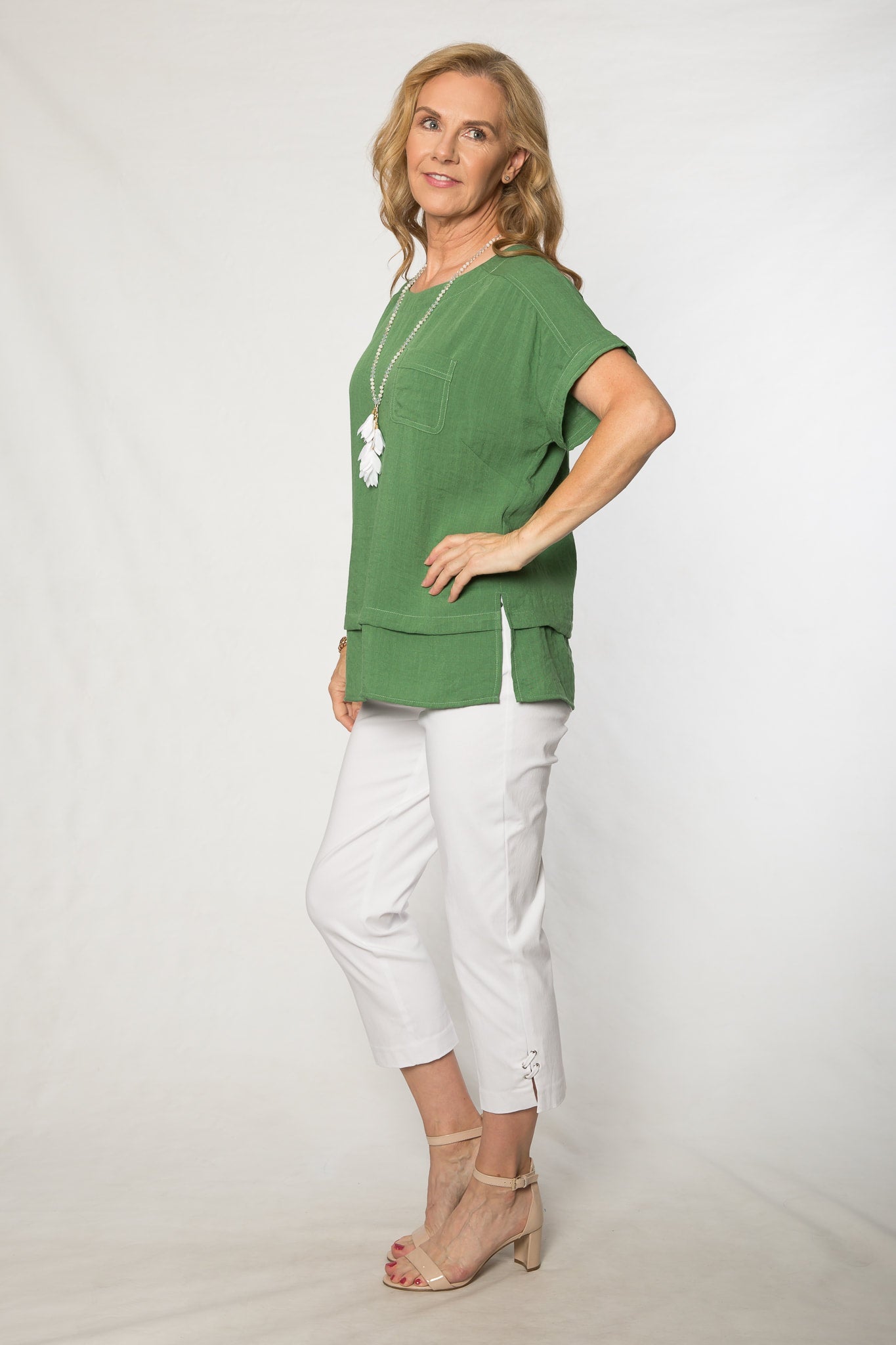 Stretch bengaline crop pant with tie and eyelet hem detail #6718 White