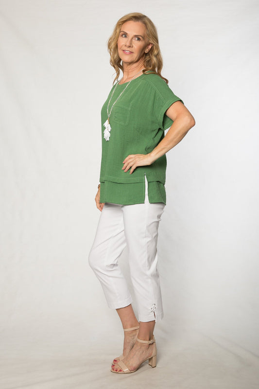 Stretch bengaline crop pant with tie and eyelet hem detail #6718 White