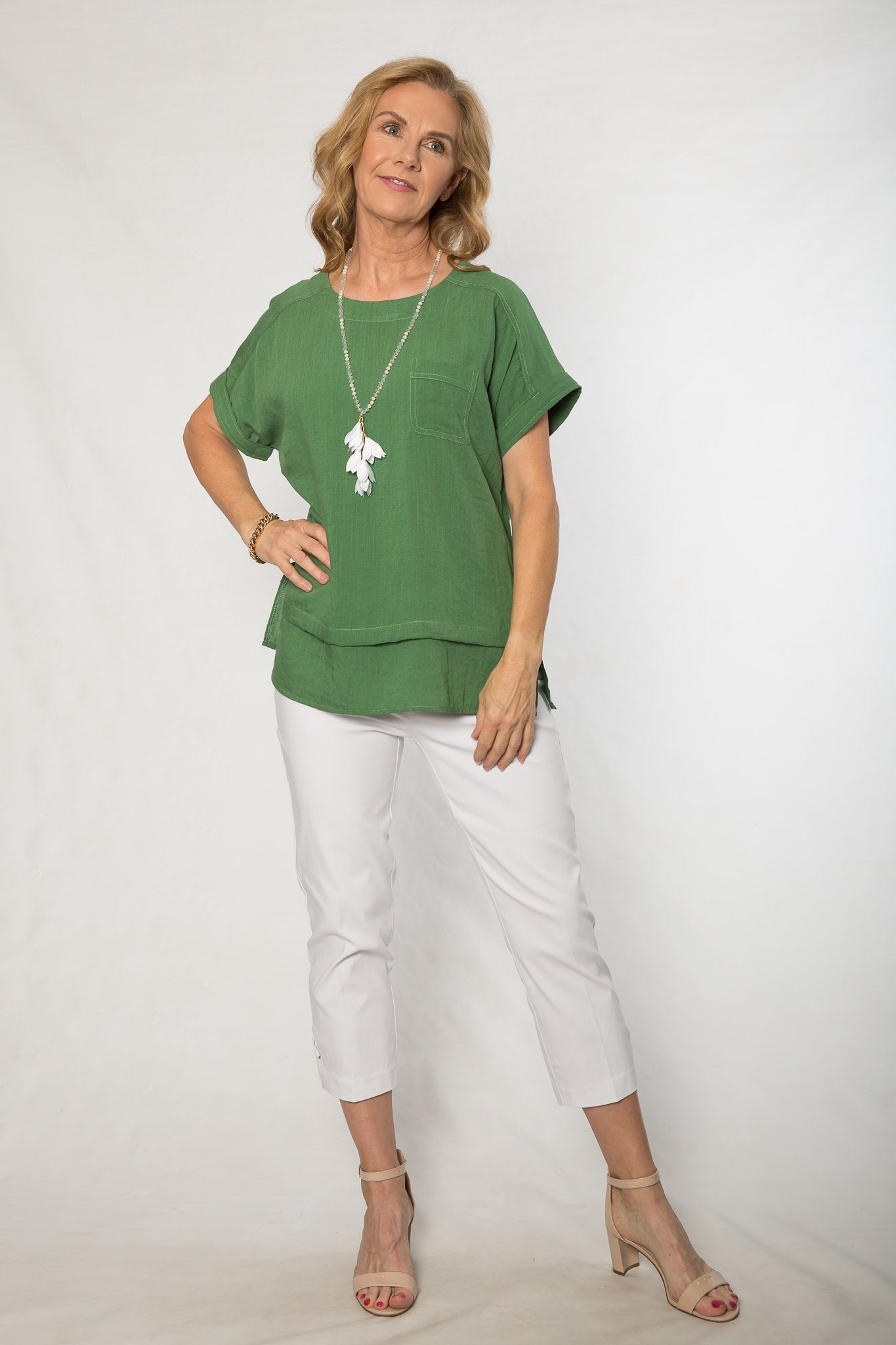 Stretch bengaline crop pant with tie and eyelet hem detail #6718 White