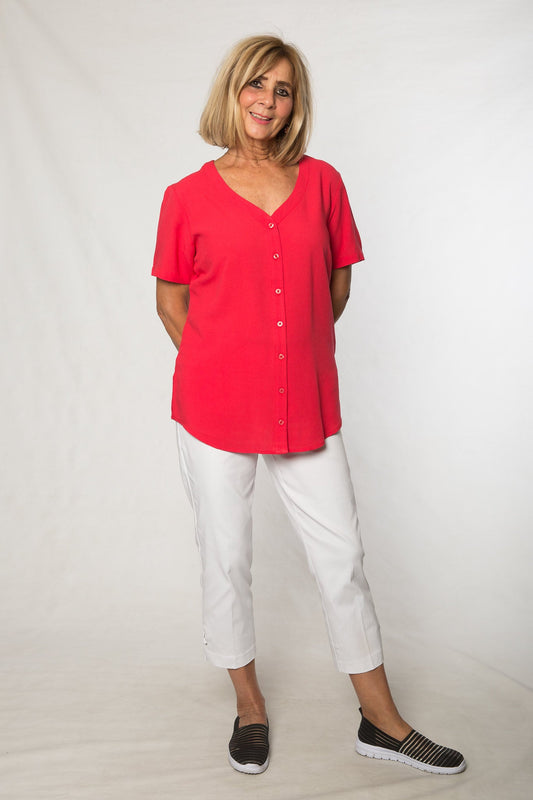 V-Neck short sleeve rayon shirt #3496 Cherry