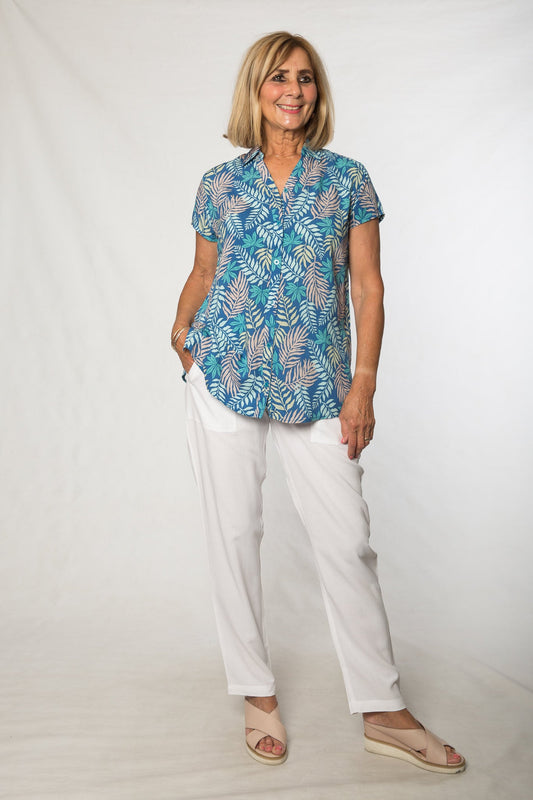 Cap sleeve rayon blue floral/leaf print shirt #3669 Leaf