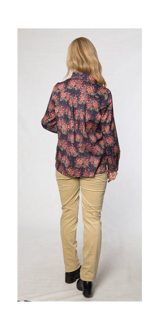 Long sleeve pure cotton floral print shirt #3924 Navy