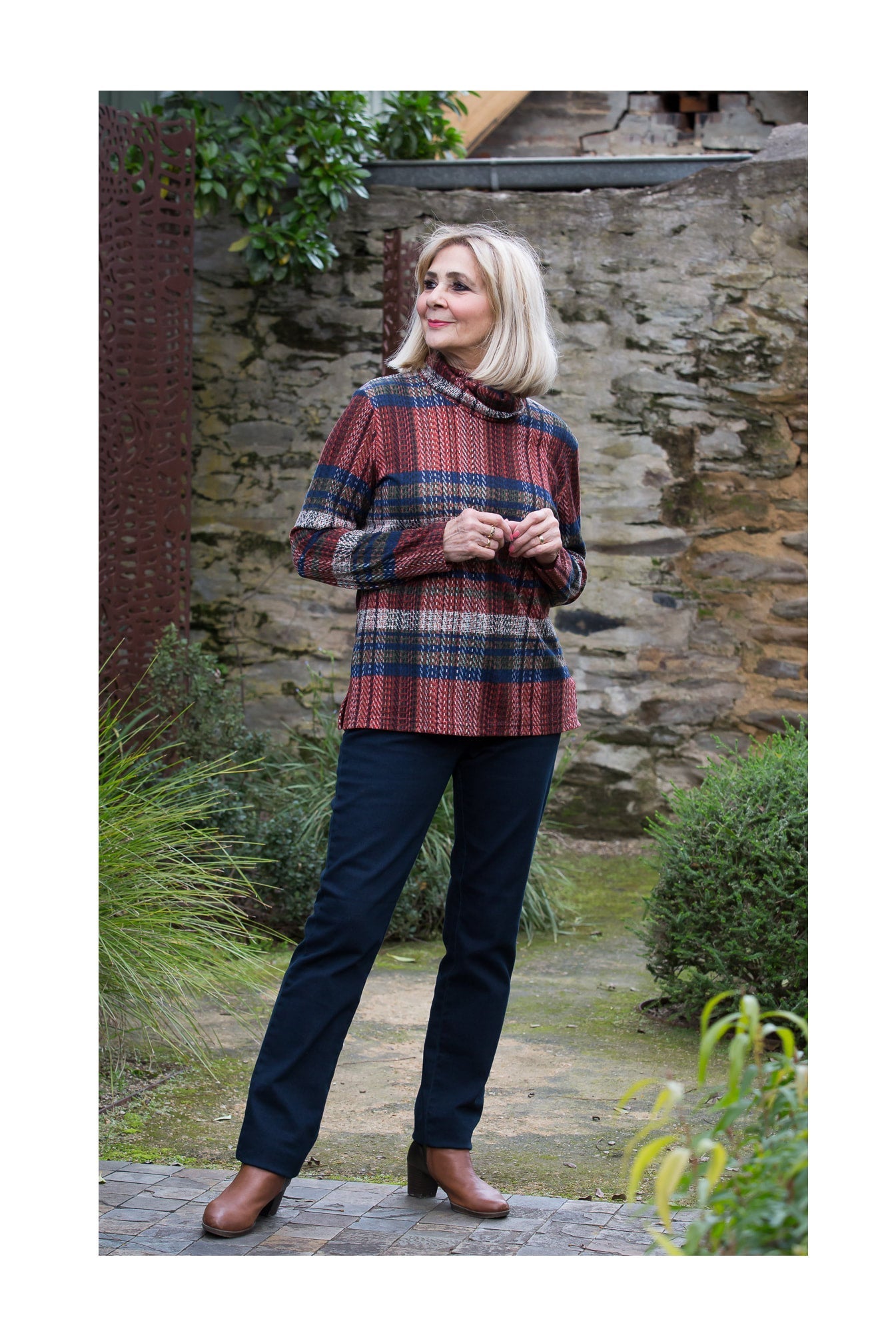Roll neck check tunic #252 Spice/Olive