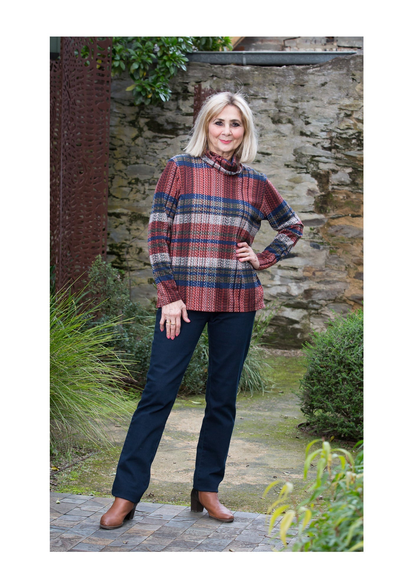 Roll neck check tunic #252 Spice/Olive