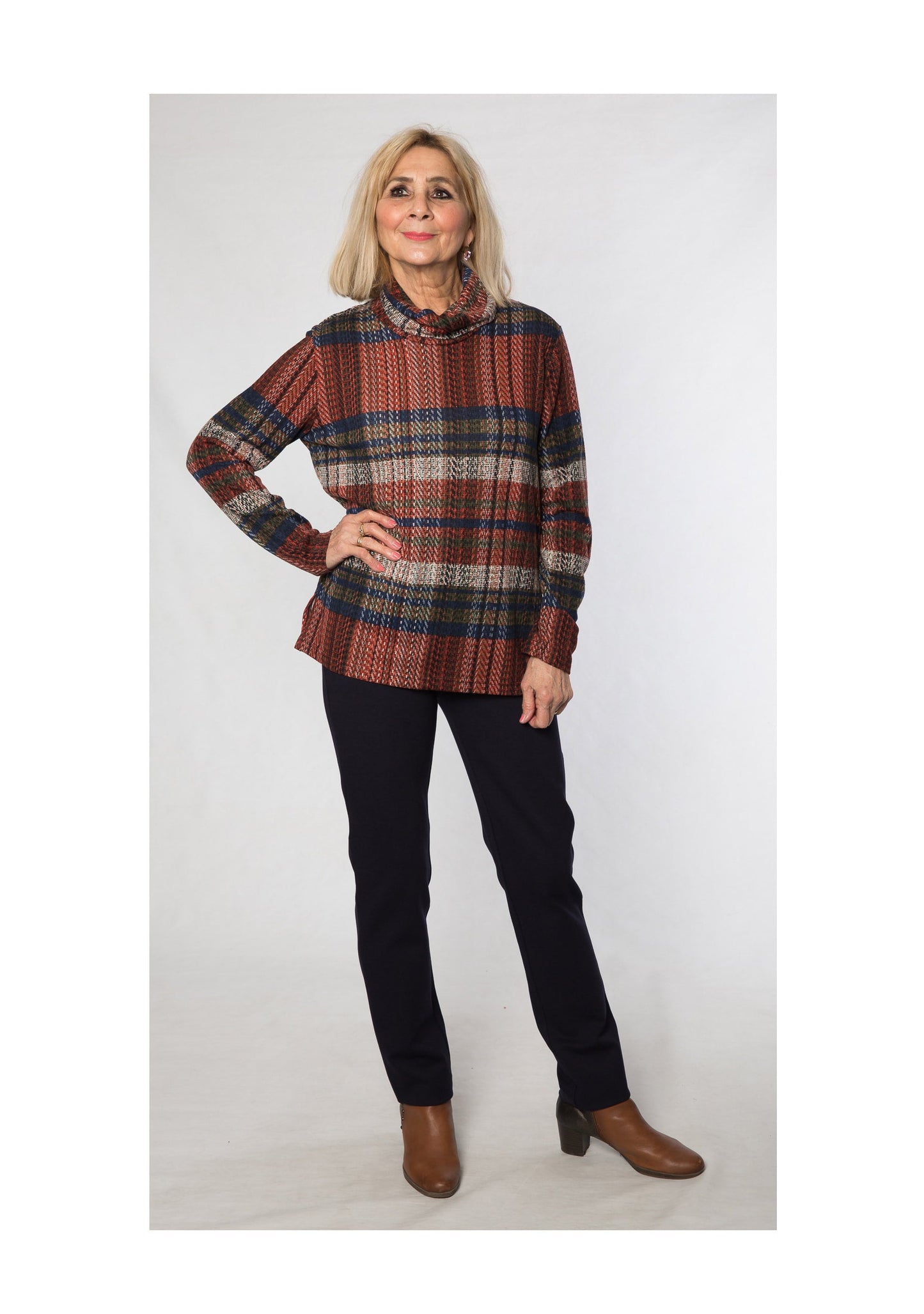 Roll neck check tunic #252 Spice/Olive