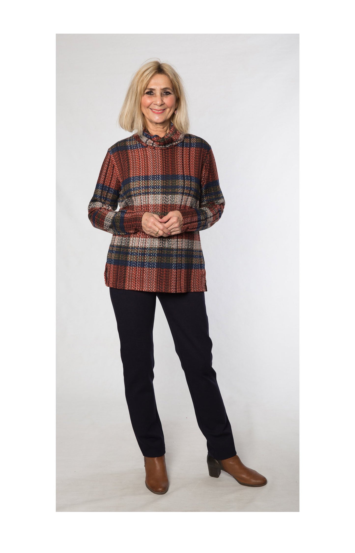 Roll neck check tunic #252 Spice/Olive