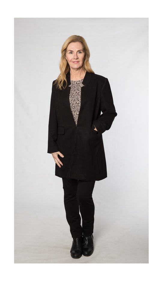 Thigh length lined herringbone coat #9225 Black