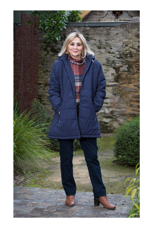 Thigh length panelled jacket with hood #9620 Navy