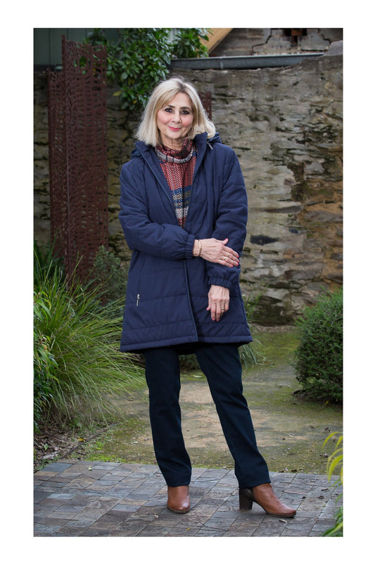 Thigh length panelled jacket with hood #9620 Navy