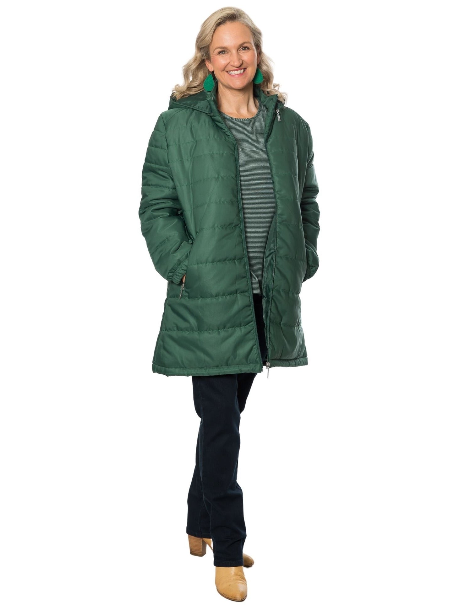 Thigh length quilted jacket with detachable hood #9620 Forest