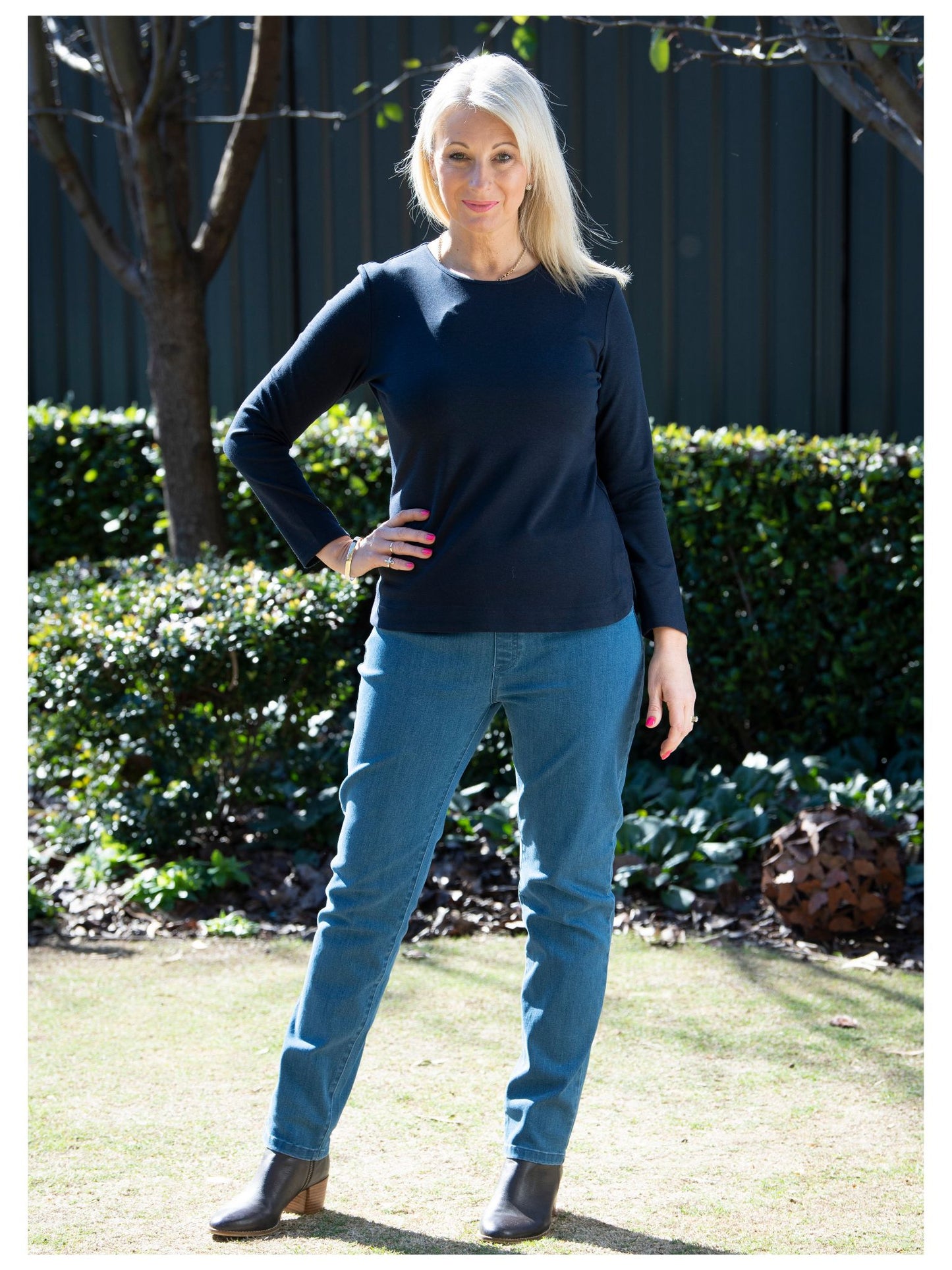 Long sleeve stretch cotton crew neck top #108 Navy