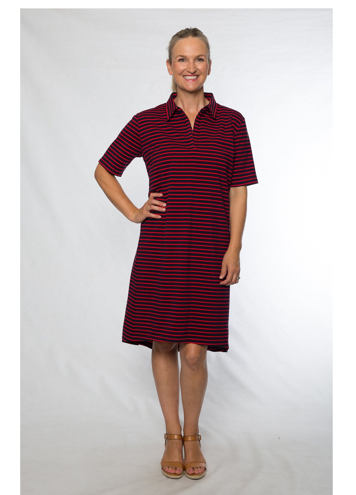 Stretch cotton stripe knit dress #758 Navy/Red