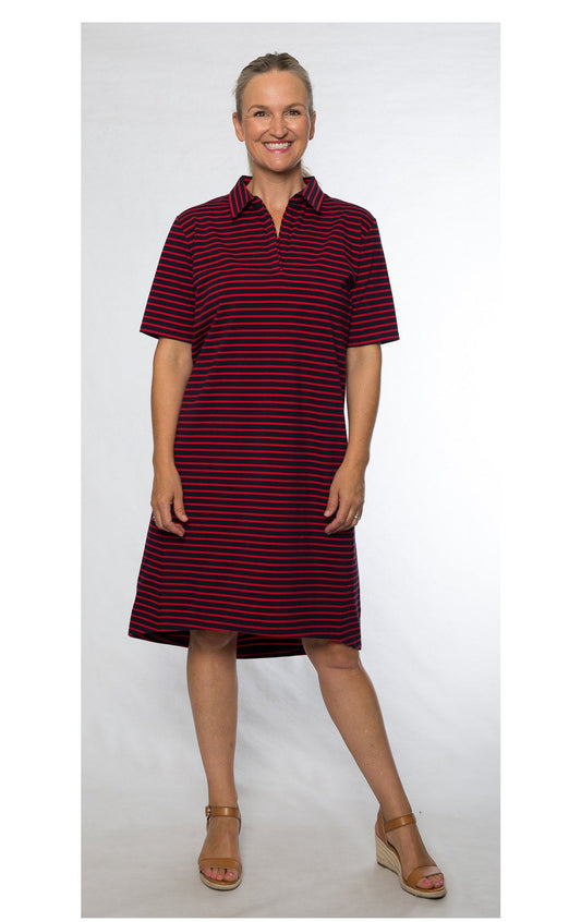Stretch cotton stripe knit dress #758 Navy/Red