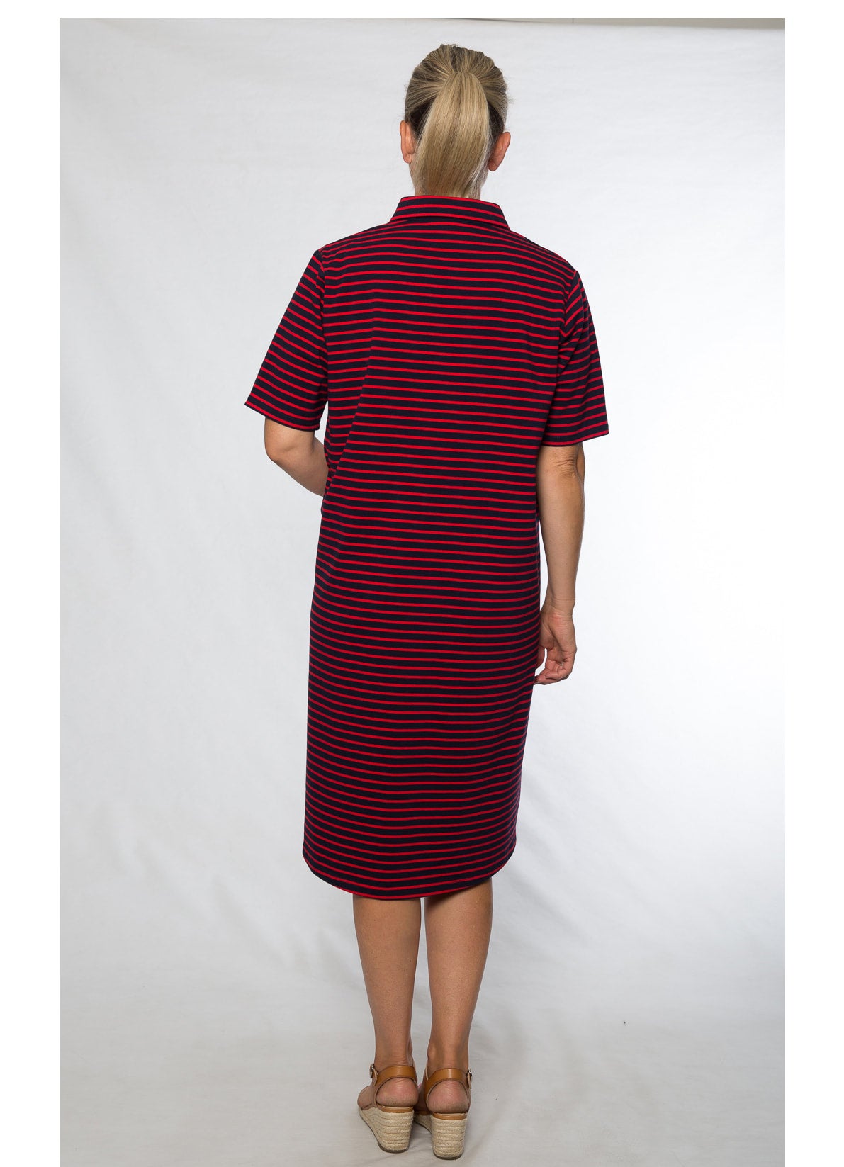 Stretch cotton stripe knit dress #758 Navy/Red